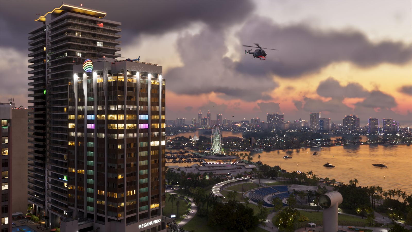 Vice City skyline at dusk from an official GTA VI screenshot